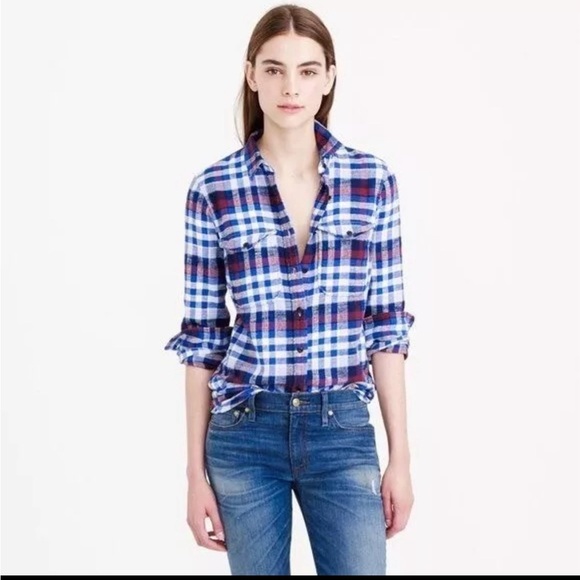 J.Crew Boyfriend flannel in Deep Sea Blue Plaid button down collared shirt - Picture 3 of 9